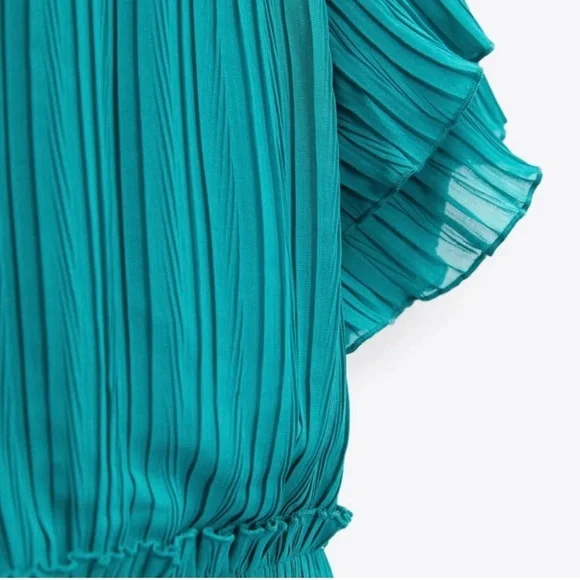 💫HP‼️💫 NWT ZARA Pleated Midi Dress in Teal, Size Medium - Picture 4 of 11